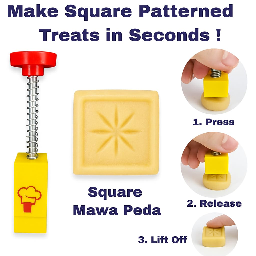 APOLLINE INDIA® Kitchen Equipments 1.5 inch Square Peda Maker Press Stamp Hand Spring Push and Press Stamp Chaap for Mawa Peda Sweets (Pack of 1 with 5 Design) 2