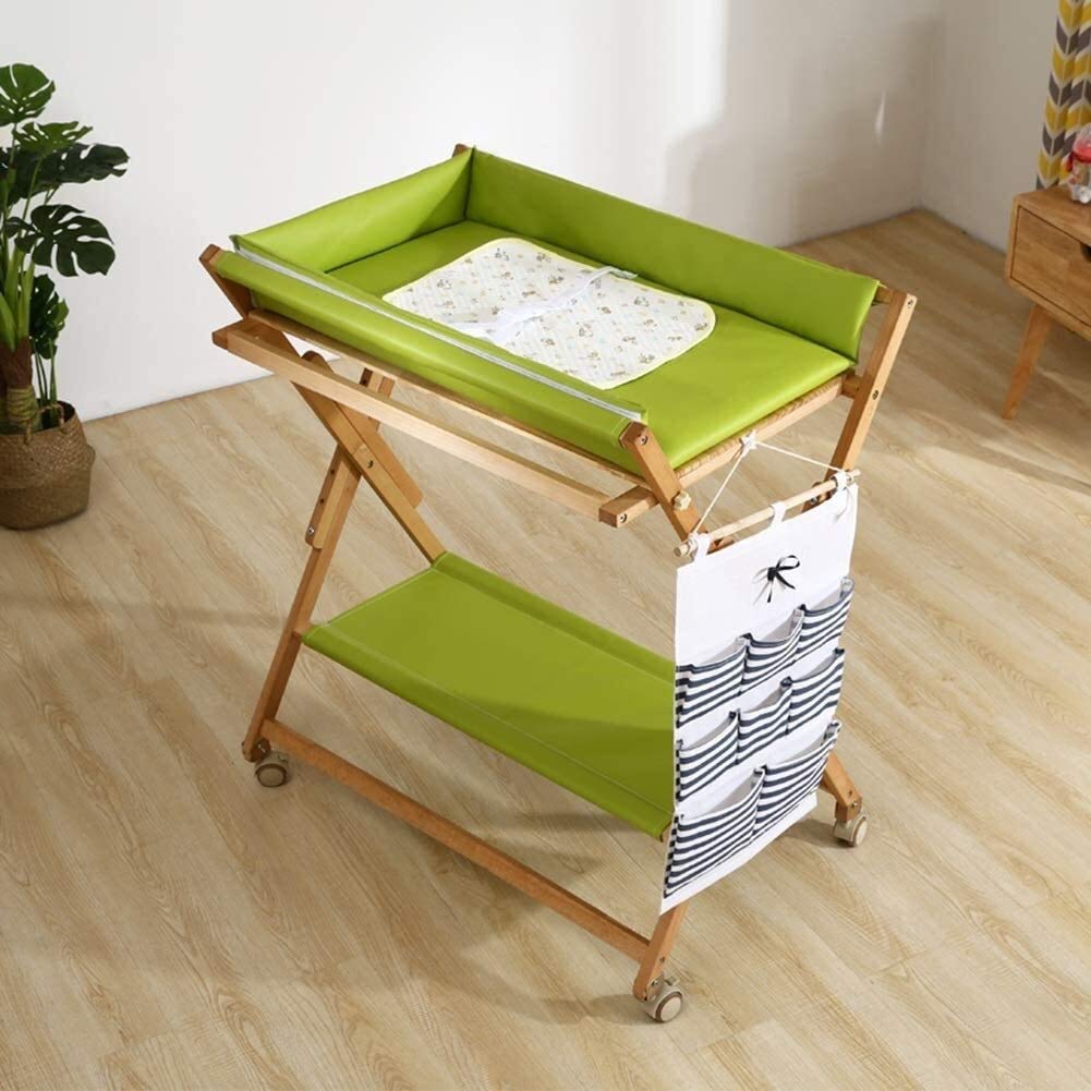 MObyat Cambiador de Pañale,Plegable de Madera con Almacenamiento y tapete Impermeable, Cambiador portátil para niños pequeños con Ruedas