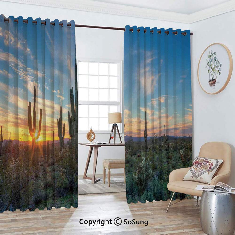 Thermal Insulated Blackout Patio Door Drapery,Sun Shine is Setting Between Cactus Spines Magical Noon Landscape Wild Design Room Divider Curtains,2 Panel Set,100" W by 120" L Each,Green Blue