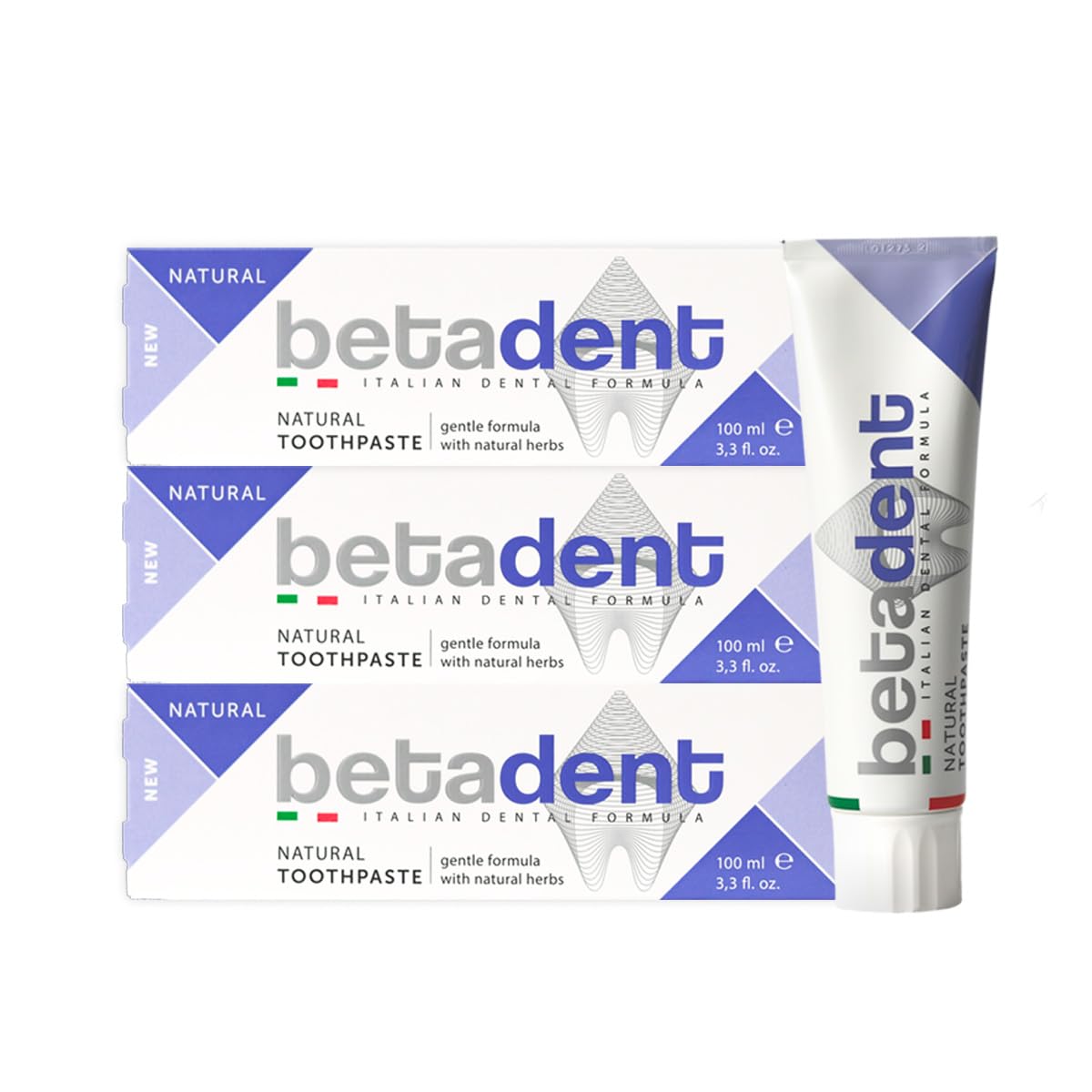 Betadent Set mit 3 natürlichen Zähnen. Hygienisch, Anti-Plaque, beruhigend und erfrischend. Stärkt das Zahnfleisch. Sanfte Formel mit natürlichen Pflanzenextrakten. 3 x 100 ml