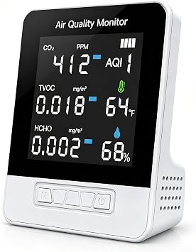6-in-1 Air Quality Monitor, Smart Indoor CO2 Detector & HCHO TVOC AQI Tester, Accurate Temperature Humidity Meter with Color Display for Home, Bedroom, Office, Car, USB Powered