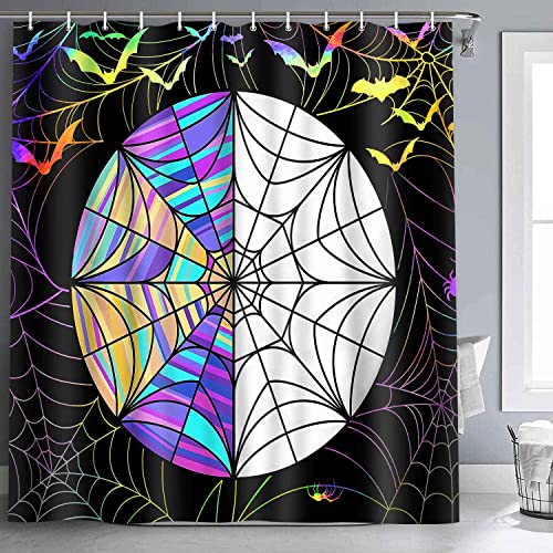 NTETSN Spider Web Shower Curtains Halloween Gothic Art Stained Glazed Tile Spooky Wednesday Stained Glass Window Pattern Art Decor Set for Bathroom Black 72X72Inch