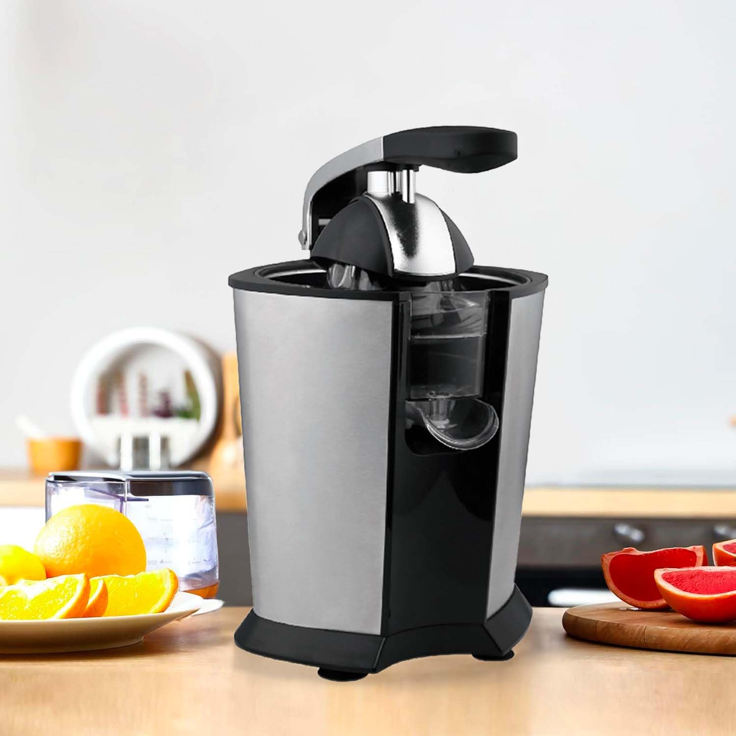Wintem Presse-agrumes électrique en acier inoxydable noir – Idéal pour presser rapidement et sans effort les citrons, oranges et autres agrumes avec 2 cônes différents de pressage – Facile à nettoyer