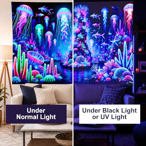 Image of BlissYard Blacklight Tapestry Jellyfish Ocean Decor 78x59 Inch Neon Underwater Glow in Dark Backdrop Blacklight Tapestry Psychedelic Coral Reef Scene for Bedroom Wall Hanging Party Room Sea Art