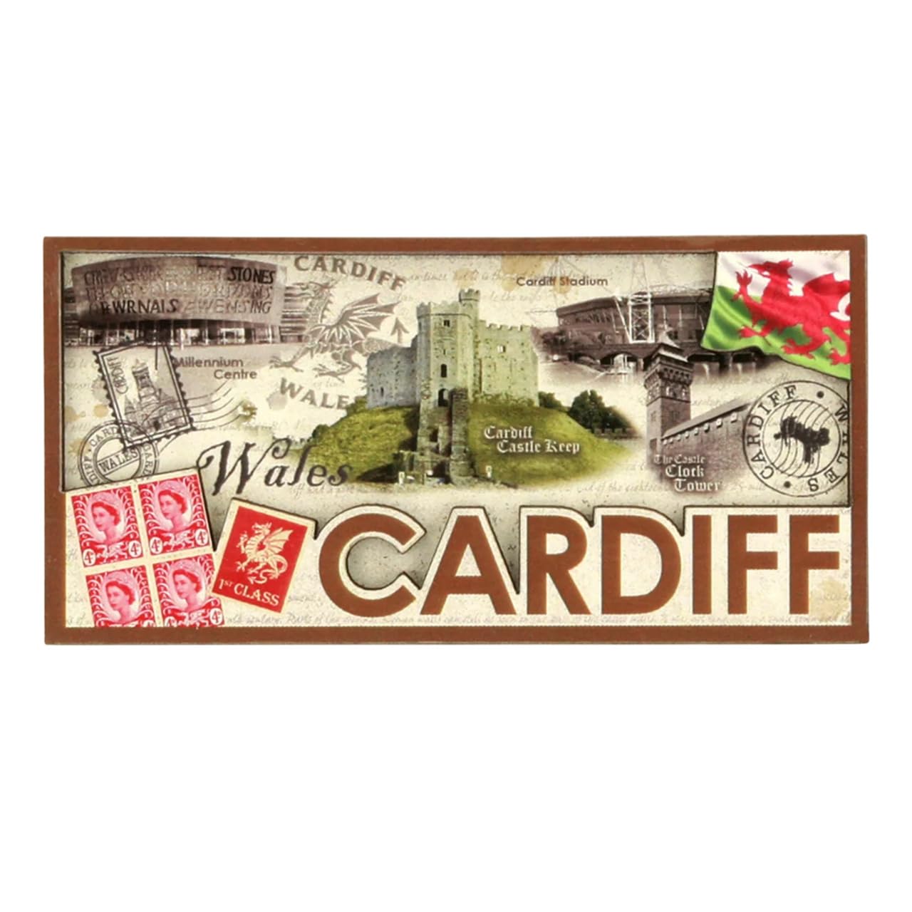Cardiff Collage Wooden Layered Magnet | Handcrafted Multi-Layer Wood Fridge Magnet | Showcasing Iconic Cardiff Landmarks | Elegant Welsh Souvenir & Travel Keepsake