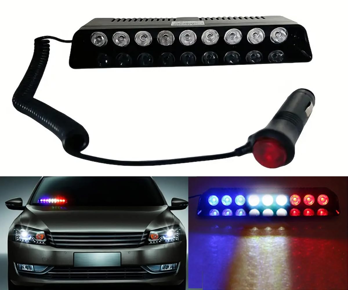 E-GENERIX® 9 LED Car Emergency Strobe Light Red White Blue Car Police Warning Signal Flashing Light Multi-Function 6 Flashing Modes Flasher for Cars