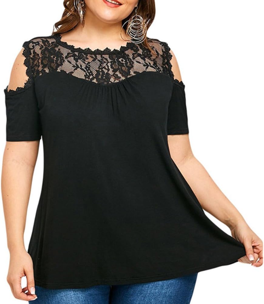 Casuary Women Cold Shoulder Strapless Lace Patchwork Blouse Lady Elegant Plus Size