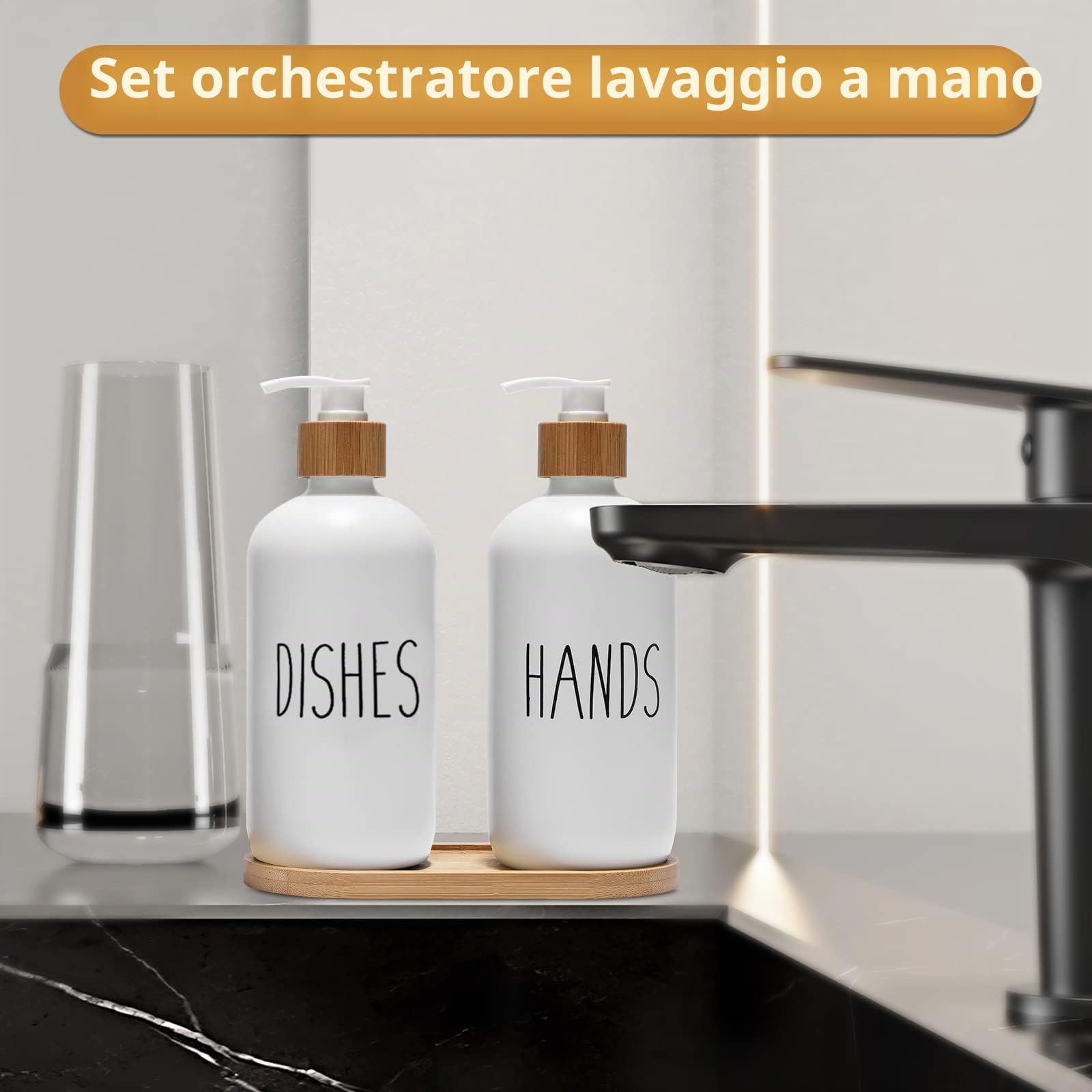 FEILANDUO Set di dispenser per sapone per lavello da cucina, dispenser per sapone per le mani per bagno con pompa in bambù e vassoio per sapone, decorazione per la casa della fattoria