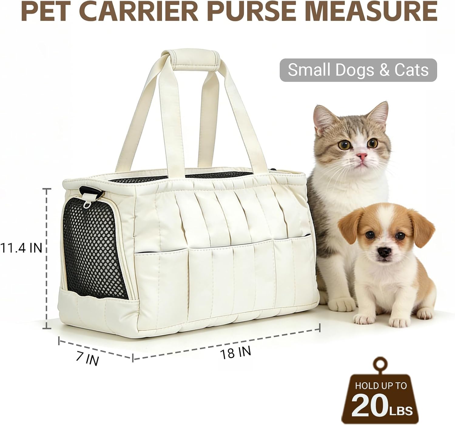 Dog Purse Carrier for Small Dogs, Small Cat Purse Carrier Soft with Large Pocket, Portable Pet Carrier Tote Bag with Safe Leash (White)