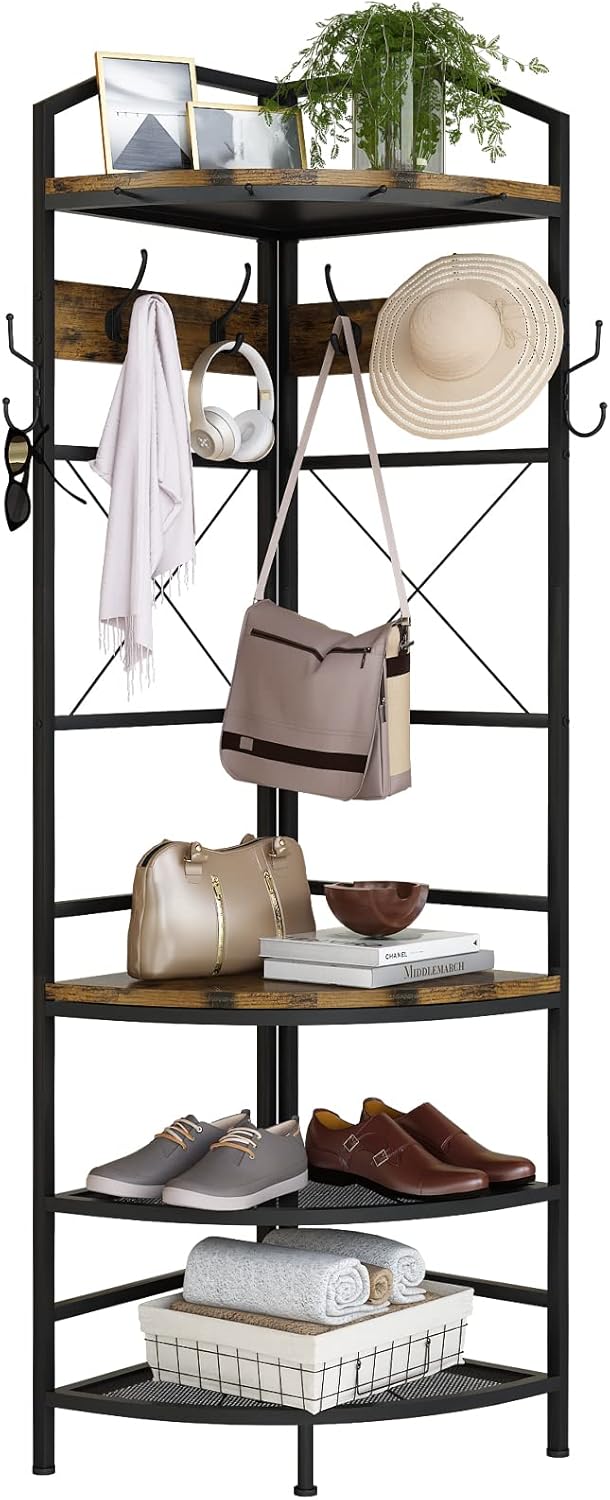 Lamerge Corner Hall Tree with Shoe Rack, Industrial Corner Coat Rack with 6 Hooks and Storage Shelf, Multifunctional Corner Organizer for Entryway, Hallway, Bedroom, Rustic Brown (Hall Tree003)