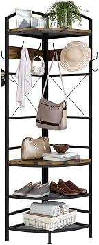 Lamerge Corner Hall Tree with Shoe Rack, Industrial Corner Coat Rack with 6 Hooks and Storage Shelf, Multifunctional Corner Organizer for Entryway, Hallway, Bedroom, Rustic Brown Hall Tree003