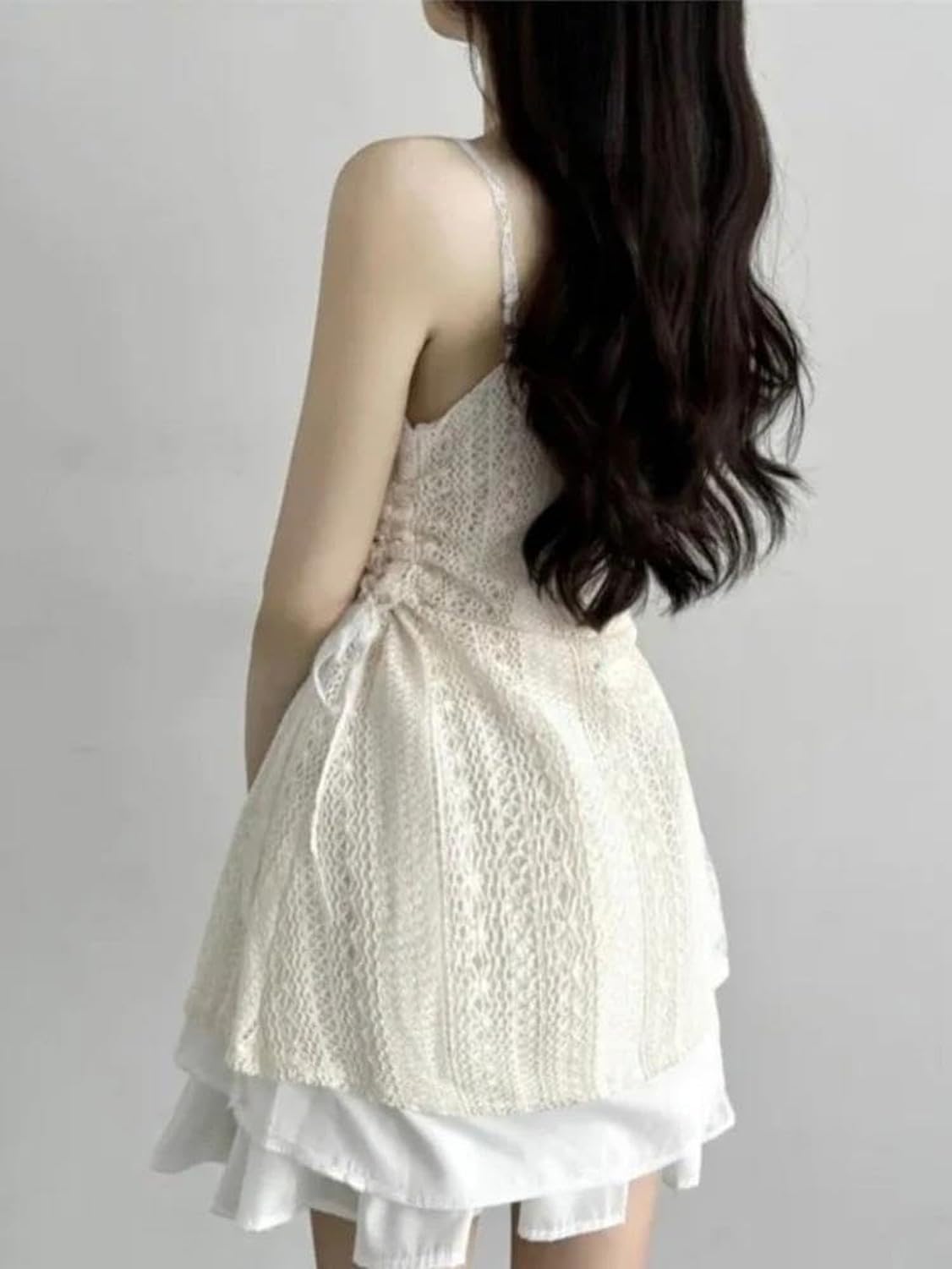 Vestido Mujer Cordón Lazo Irregular Falda A Línea Túnica Transparente Casual, Cremoso-Blanco, L