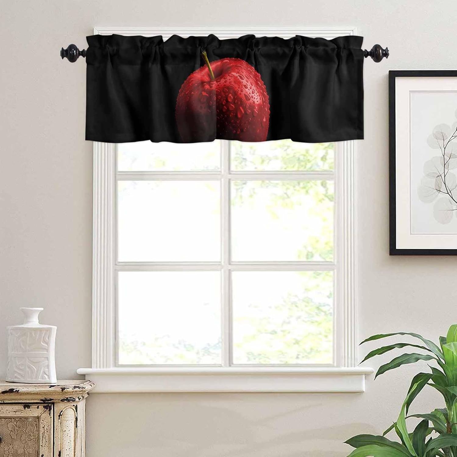 Vandarllin Kitchen Curtains and Valances Set, Red Apples with Water Drops Window Treatments Tiers Black Background Semi Sheer Half/Short Curtains for Small Windows Cafe/Living Room/Bedroom 54x24 in