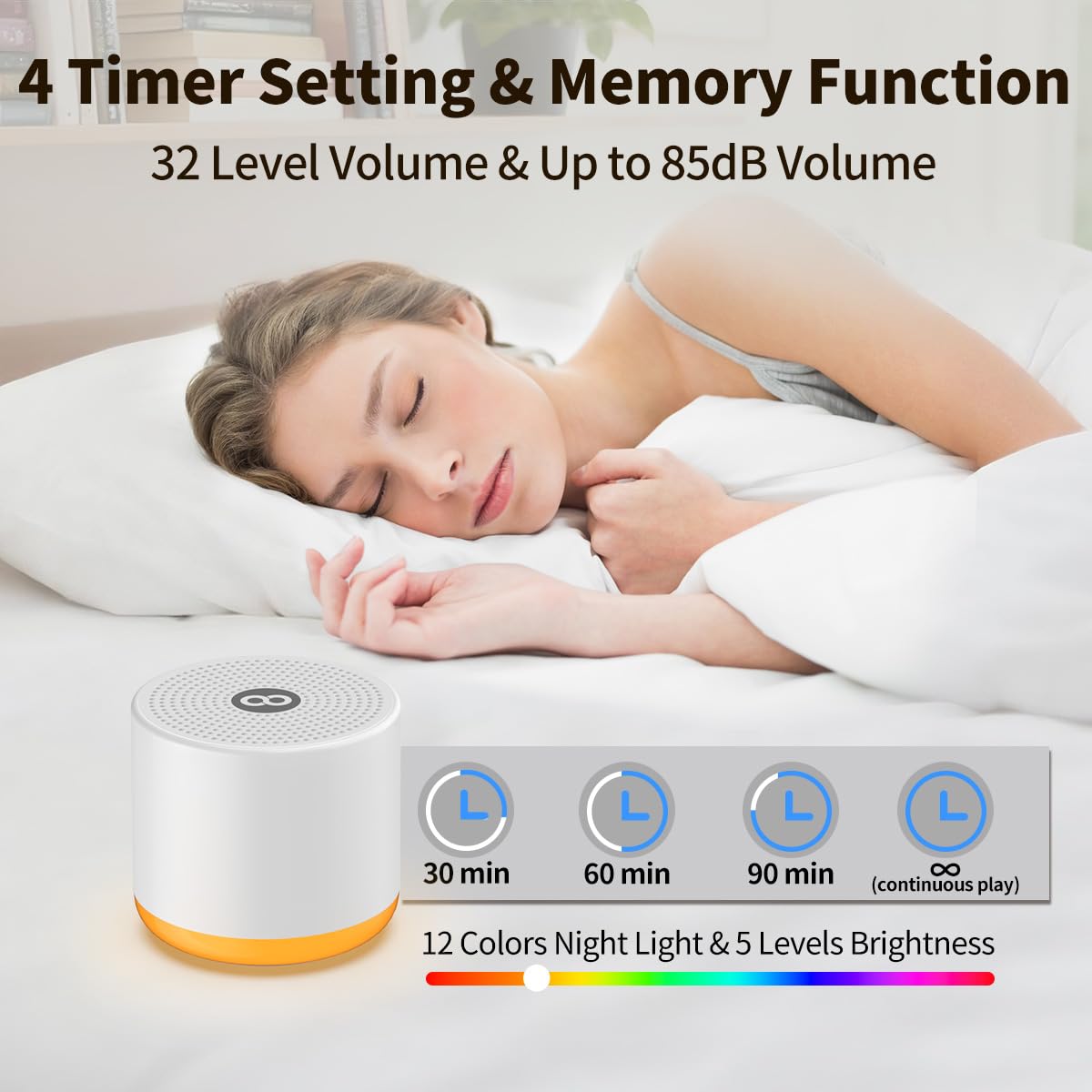 Tragbare weiße Rauschmaschine Mini-Soundmaschine mit Licht, 30 beruhigende Geräusche, wiederaufladbar für Erwachsene, Baby, Kinder, Schlaf, braunes Rauschen Maschine mit Memory-Funktion, 4 Timer für