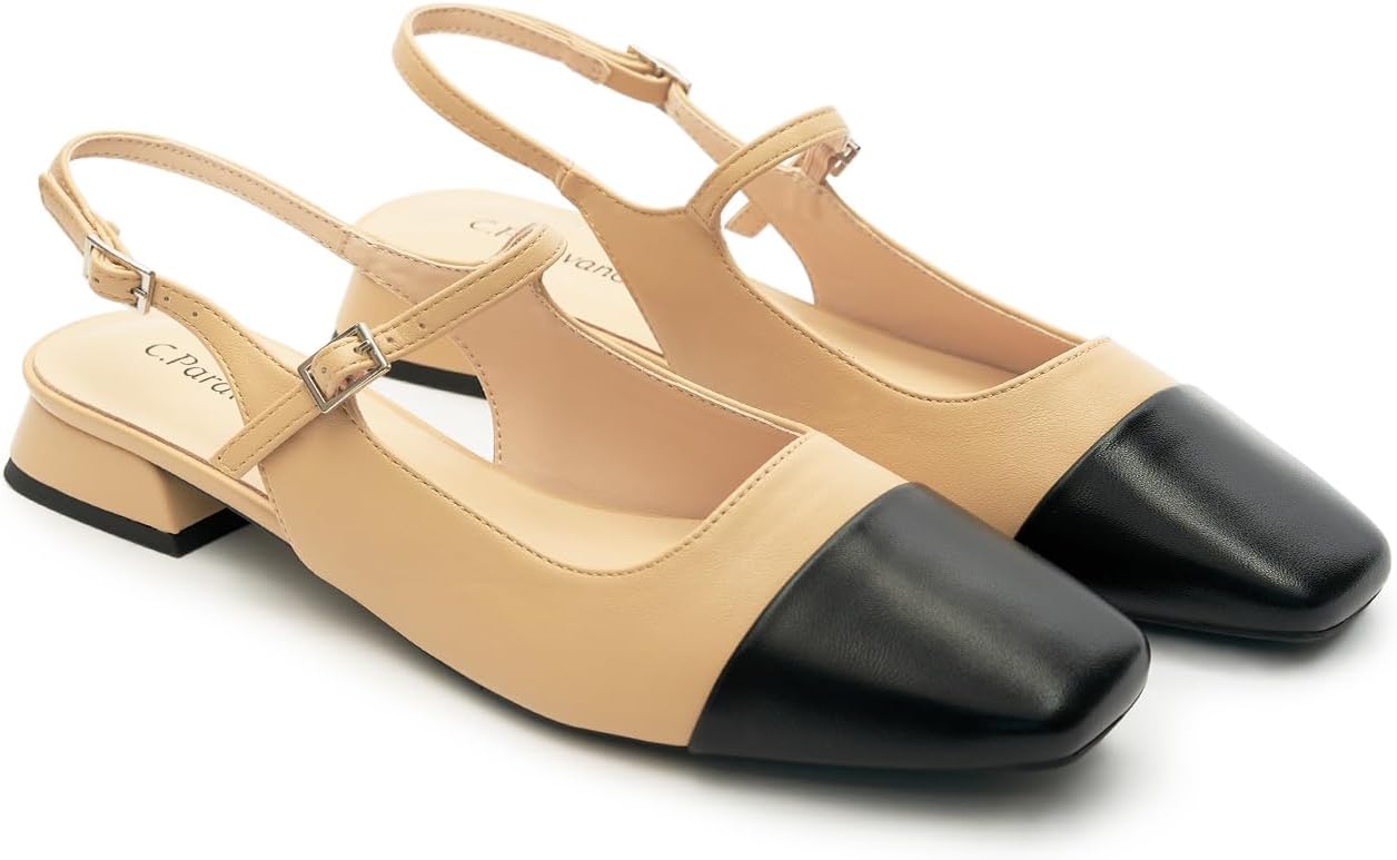 C.Paravano Women's Square Toe Slingback Block Heel Sandals
