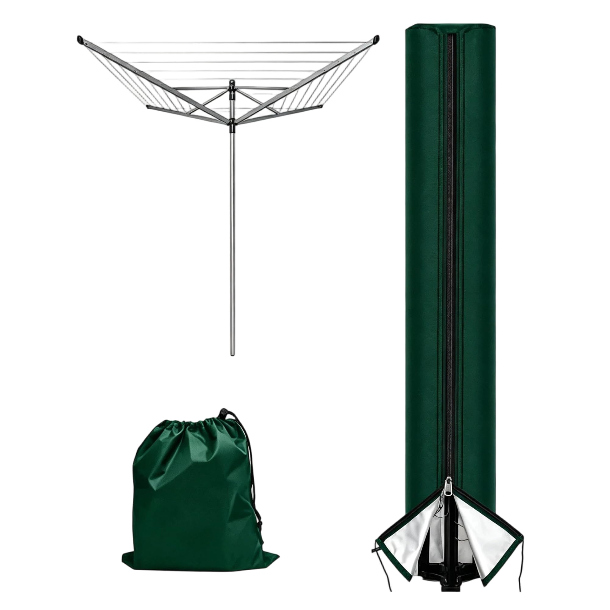 Rotary Washing Line Cover Waterproof 160 x 15 x 15 cm, Green Washing Line Protector, Heavy Duty 210D Oxford Fabric Rotary Dryer Cover with Zip and Drawstring, UV Resistant Outdoor Storage Sleeve