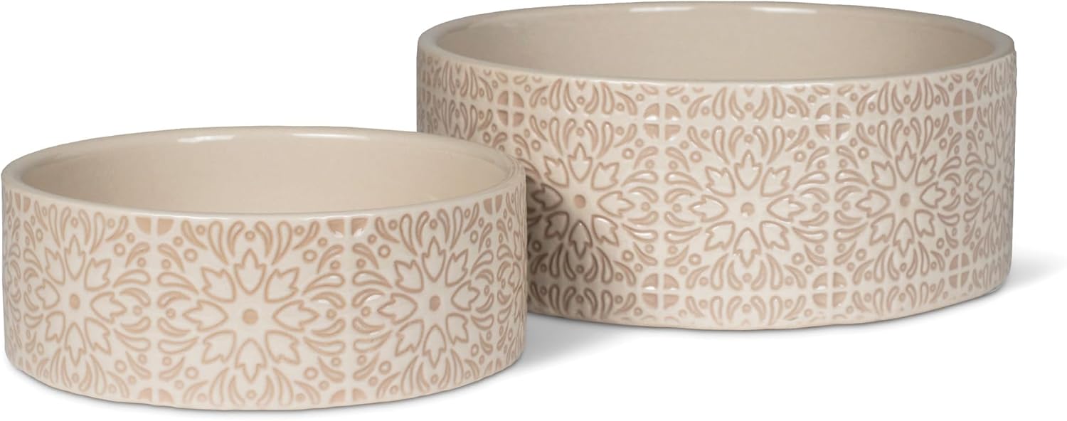 Fringe Studio Sevilla Tile Sand Medium Ceramic Imprinted Pet Bowl (6.5" Diameter x 2.5" H, 26 fl.oz.), PetShop Collection (785MD001) (Pack of 2)