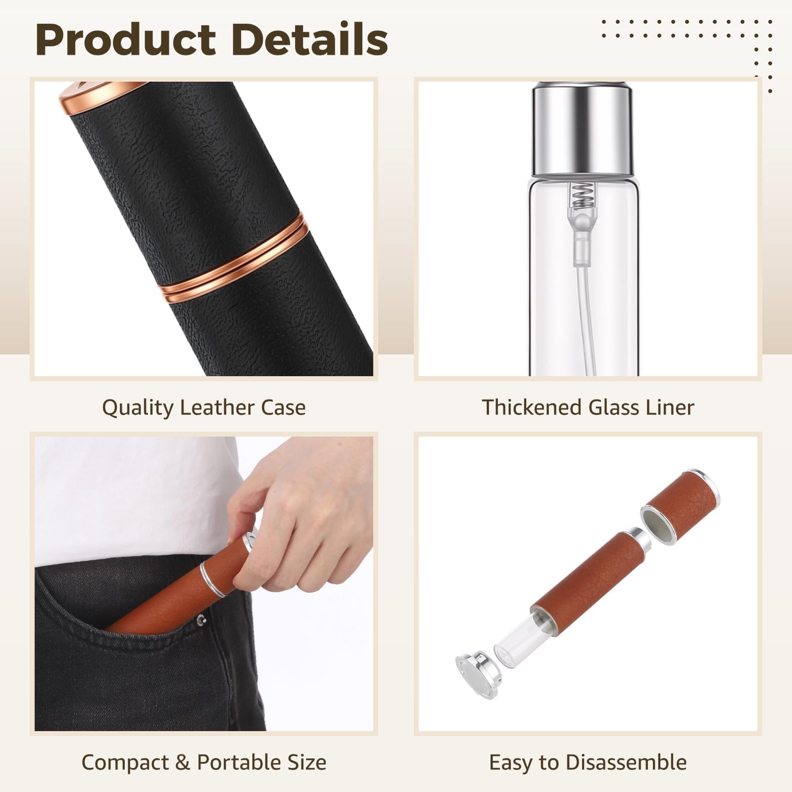 6 Stk. Leder-Parfümzerstäuber, nachfüllbare Mini-Cologne-Sprühflasche 10 ml / 0,34 oz, tragbarer leerer Duftbehälter mit Werkzeugen, für Männer u. Frauen, Reise, Arbeit, Büro, Schwarz/Braun
