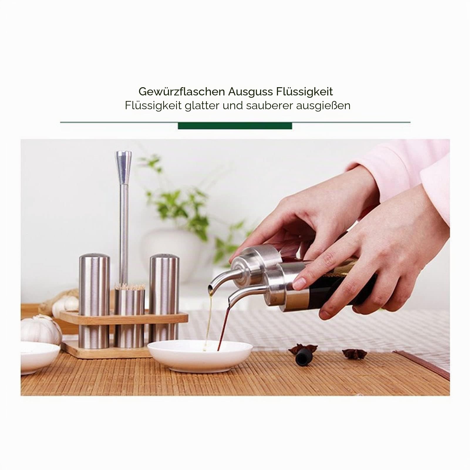CUEI 6-teiliges Menage-Set aus Edelstahl und Glas, Öl-Essig-Menage-Flaschen, Salz- und Pfefferstreuer, Holzregal, Glas-Gewürz-Set für Küche, Tablett, 22.4 fl.oz, BPA-frei, Spülmaschinenfest