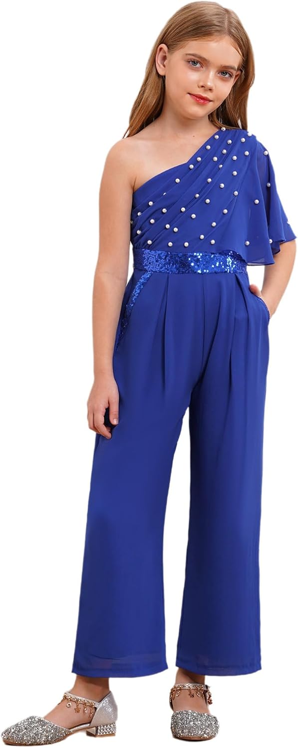 YiZYiF Girls Jumpsuit Summer Sequins One Shoulder Beaded Wide Leg Rompers One Piece Outfits with Pockets