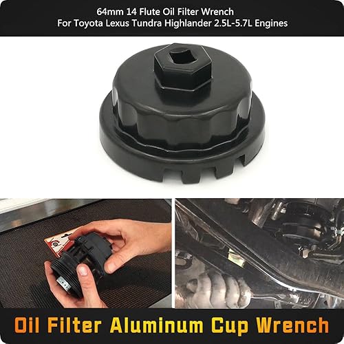 Miniatura 2 de Llave de vaso de aluminio para quitar tapas de filtro de aceite Toyota, flauta de 2.520 in, se adapta a motores de 2.5L a 5.7L, color negro