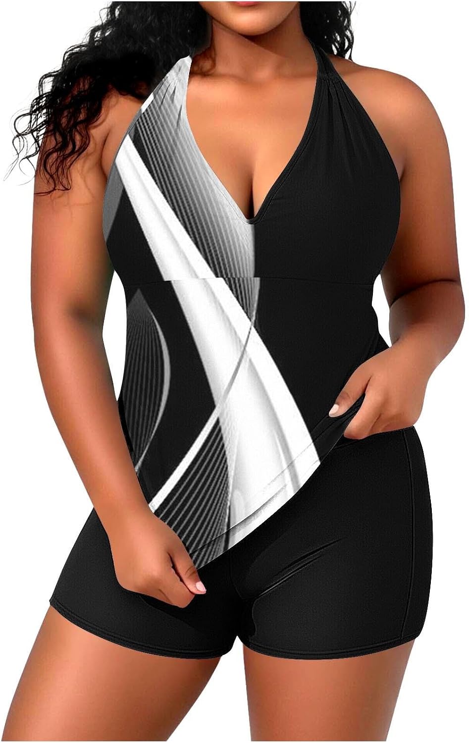 Women's Plus Size Tankini Swimsuit with Bra Tummy Control Two Piece Bathing Suit Sexy V Neck Flowy Swimwear Boy Shorts