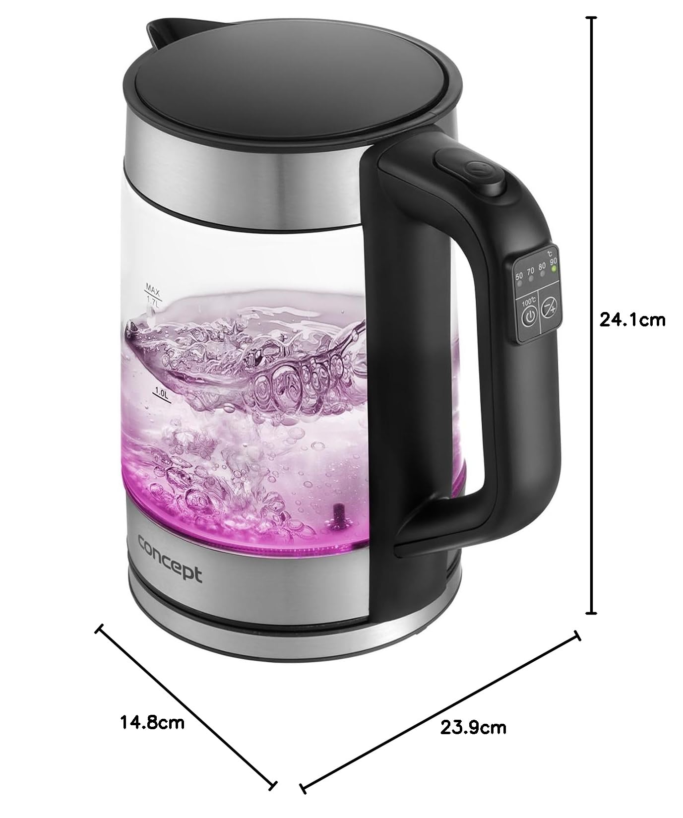 Concept RK4067 - Hervidor de cristal (1,7 L, regulador de temperatura: 50/70/80/90/100°C, 1850-2200 W, función de mantenimiento en caliente, control digital