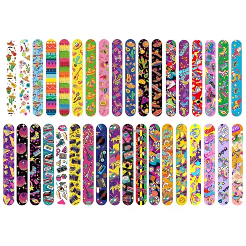 36 PCs Slap Bracelets Slap Wrist Bands Ruler with 36 Designs Pattern Colorful Skates, Mexico and 80's Music Theme Bag Fillers Favours Pack