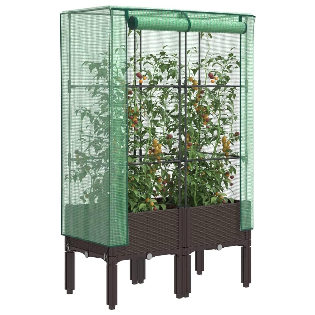 JHQHSM Raised Bed with Greenhouse Cover Rattan Look 80x40x140 cm, Polypropylene Planter Box with Sturdy Iron Frame and Water-Resistant Polyethylene Cover for Plants Vegetables Herbs