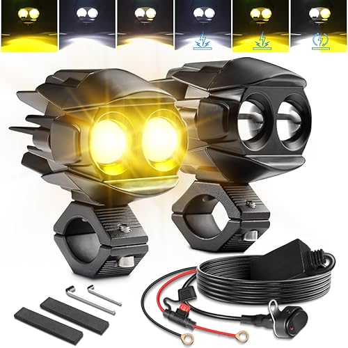 LEDUR Kit de Luces Auxiliares para Motocicleta Luces LED Estroboscópicas de Conducción Antiniebla Blancas y Ámbar 6 Modos Luces Puntuales con
