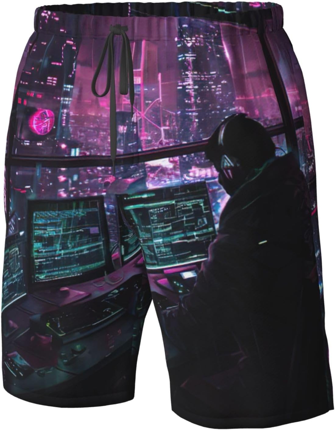 Hacker era Print Men's Quick-Drying Shorts Casual Beach Pants Stretch Waist Shorts and Pockets