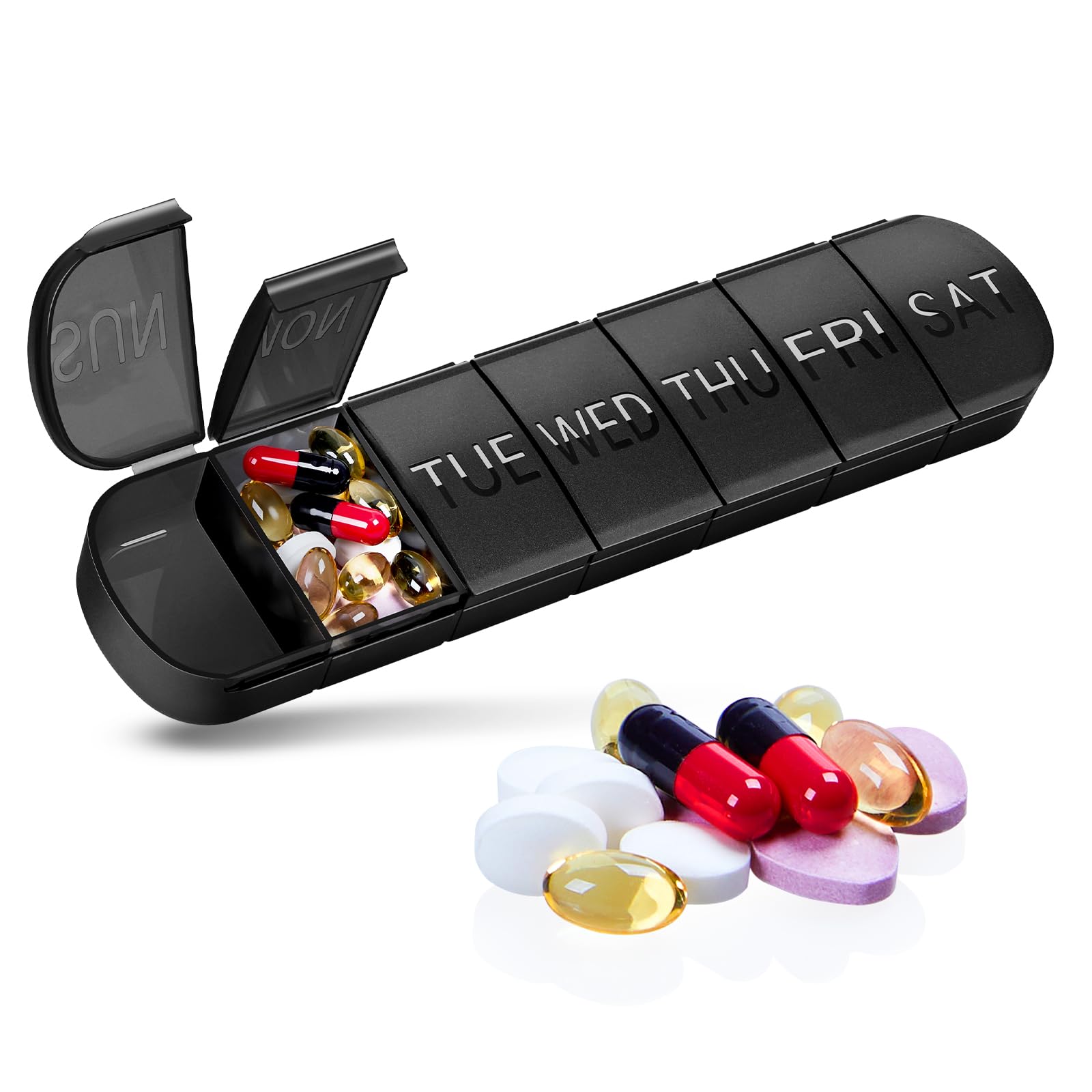 Quauli Weekly Pill Organizer Large Pill Case, Travel Pill Box 7 Day Extra Large Compartments Vitamin Holder, Daily Pill Container Medicine Organizer for Supplements Fish Oil (Black)