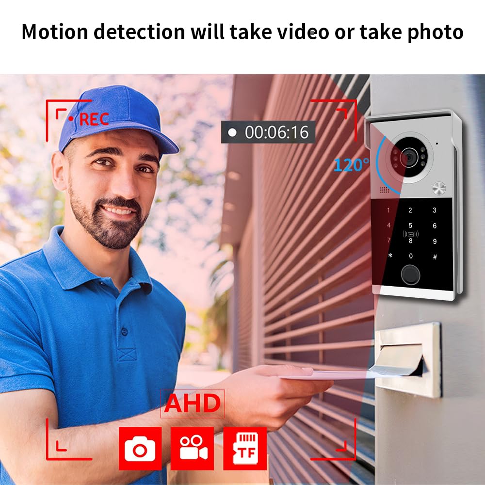 Videocitofono cablato per appartamento, monitor touch da 7 pollici con campanello 1080P, sblocco password scheda RFID con impronte digitali, monitoraggio per casa villa