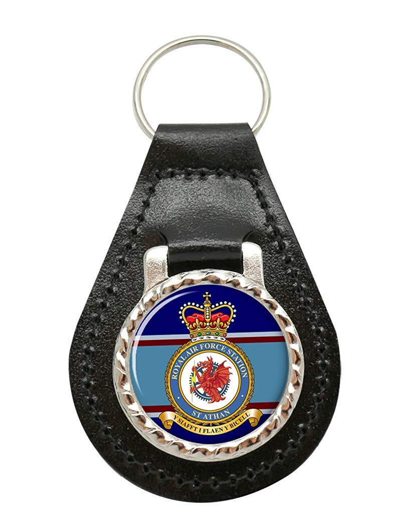 Giftshop Uk Unisex Black Leather And Silver Metal Raf Station St Athan Leather Key Fob