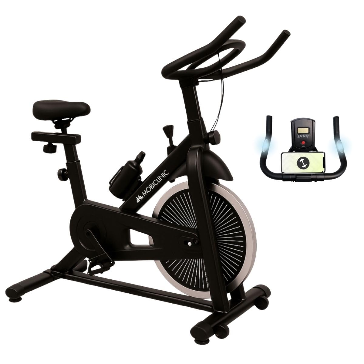 Mobiclinic®, Bicicleta estática Indoor, Varios niveles resistencia, Teide, Regulable al completo, Pantalla lcd, Marca española, Pulsómetro, Botella y portabotellas, Soporte para móvil