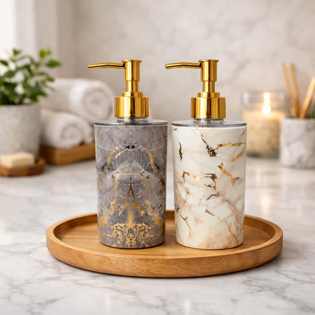 LAGET® 300ml Soap Dispenser for Wash Basin - Marble Golden Print Cream and Stone Grey | Kitchen and Bathroom Accessories Items | Refillable Handwash Dispenser Bottles- Set of 2 (Mix)-image-1