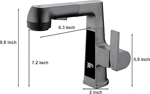 Miniatura 7 de Qeemee Grifo de baño LED con rociador extraíble, grifo de fregadero digital de temperatura gris, 5 modos de flujo de agua, grifos de tocador de baño