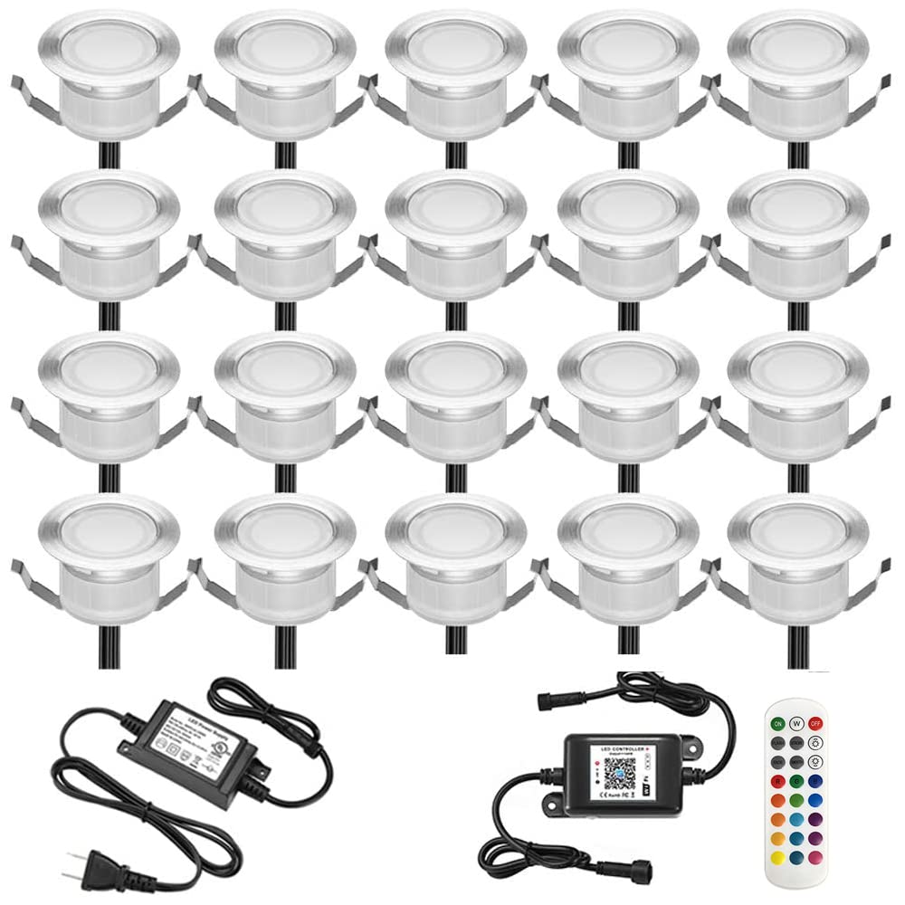 LED Deck Light Kit, 20pcs Φ1.77 WiFi Wireless Smart Phone Control Low Voltage Recessed RGBW Deck Lamp In-ground Lighting Waterproof Outdoor Yard Path Stair Landscape Decor, Fit for Alexa,Google Home