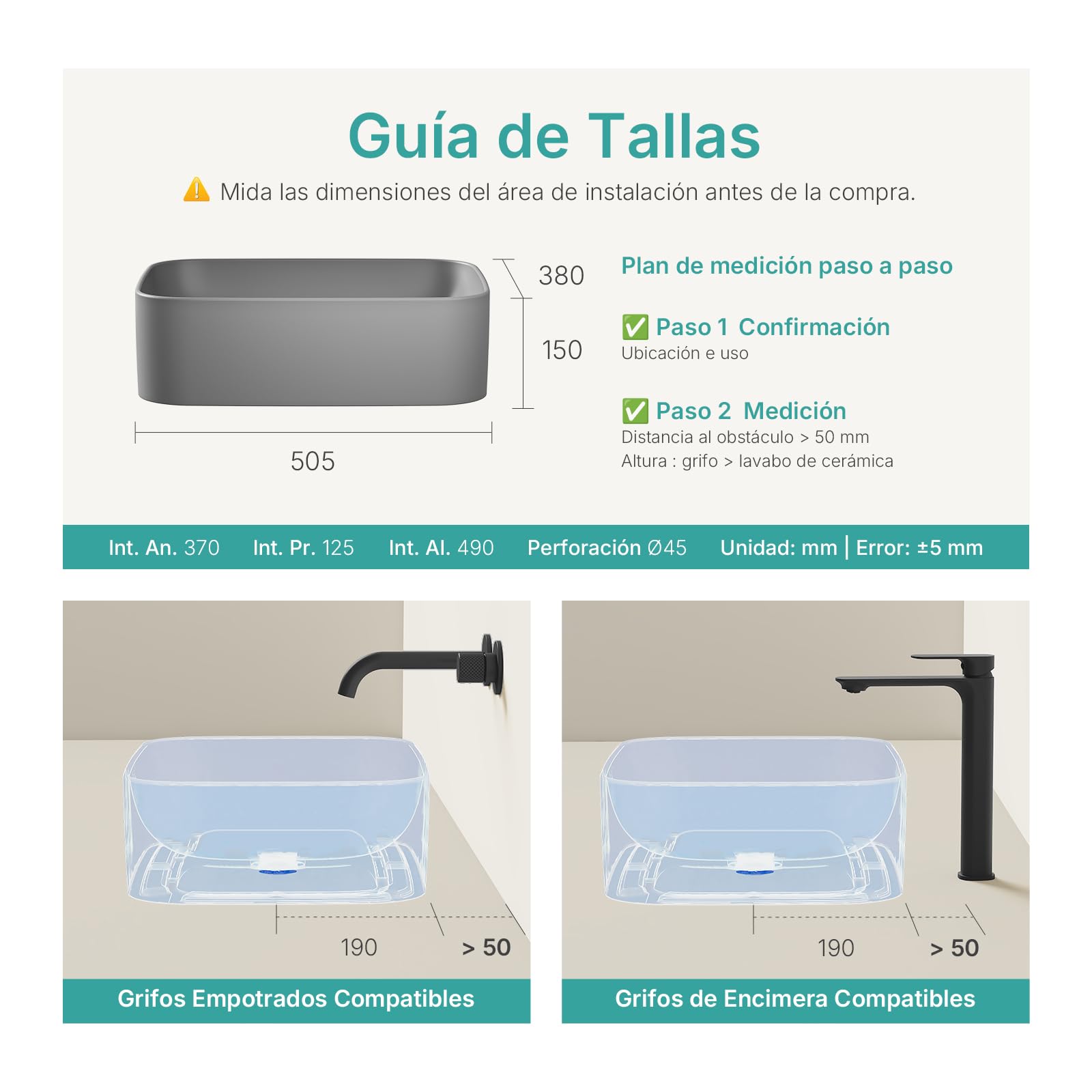 EMKE Lavabo de Cerámica, Rectangular 61 × 38 × 15 cm, Lavamanos para Aseos, Lavabo Cerámico para Cuartos de Baño,Gris Mate