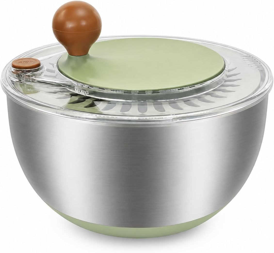 Large 5.3 Qt Stainless Steel Salad Spinner with One-Touch Stop Button – Vegetable Spinner Dryer, Drain Hole and Stop Button – Non-Slip Base, Dishwasher Safe Multi-Purpose Kitchen Bowl