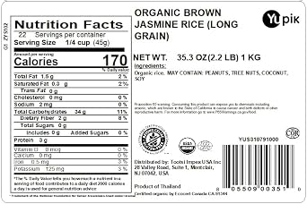 Yupik Organic Brown Jasmine Rice, Long Grains, 2.2 lb (35.2 oz), Gluten-Free, Non-GMO, Vegan, Kosher, Whole Grains, Wheat-Free, Salt-Free, Source of Fiber, Ideal for Recipes, Side Dishes & More