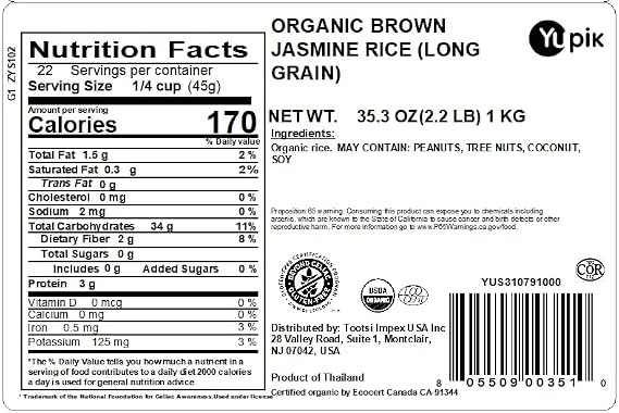 Yupik Organic Brown Jasmine Rice, Long Grains, 2.2 lb (35.2 oz), Gluten-Free, Non-GMO, Vegan, Kosher, Whole Grains, Wheat-Free, Salt-Free, Source of Fiber, Ideal for Recipes, Side Dishes & More