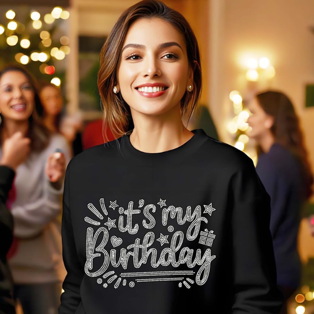 MAYJOYDIY Birthday Theme Rhinestone Iron-On Applique Transfer It's My Birthday Star Love Giftbox Bling DIY Patch Clothing Repair Hot Fix Applique for T-Shirt Jacket Bag Jeans Craft