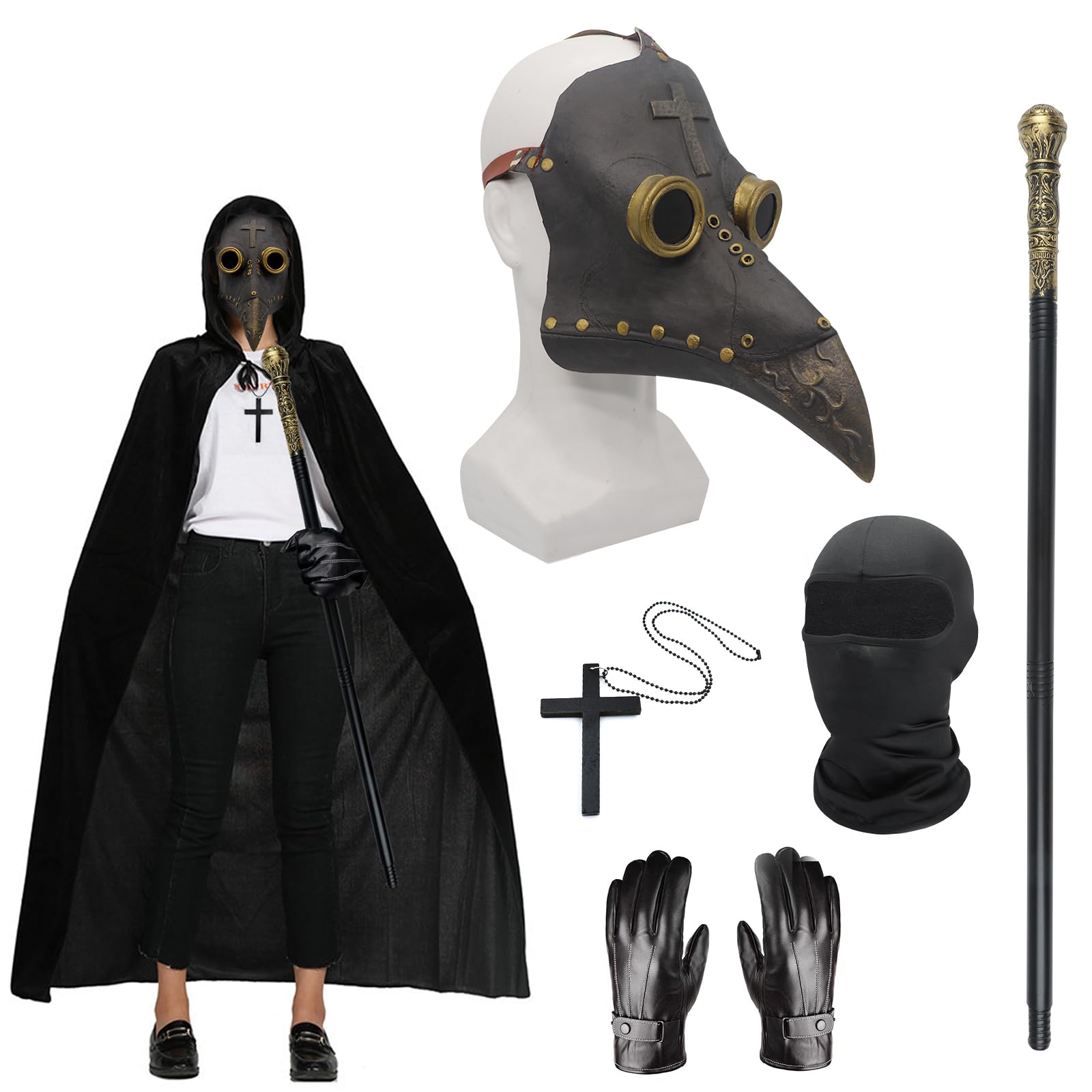 Costume d'Halloween : masque steampunk à bec d'oiseau avec cape noire - 8