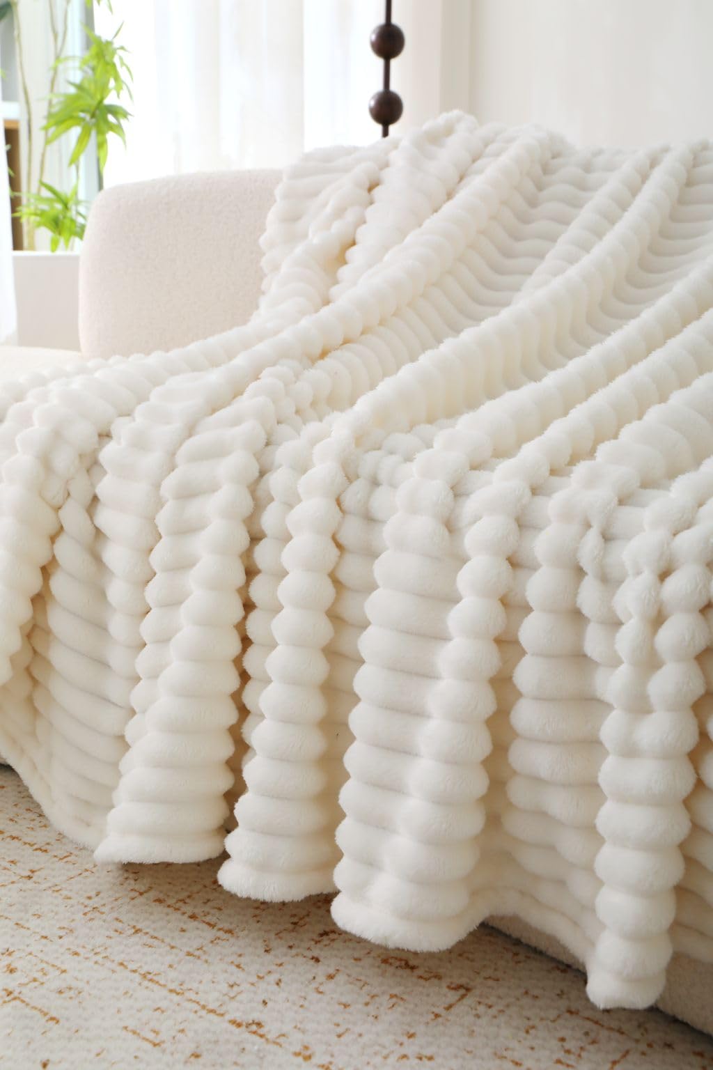 L S U Chunky Ribbed Cord Throw Blanket Fleece Warm Cozy Sofa Bed Throw Double,King Size (double Ivory)