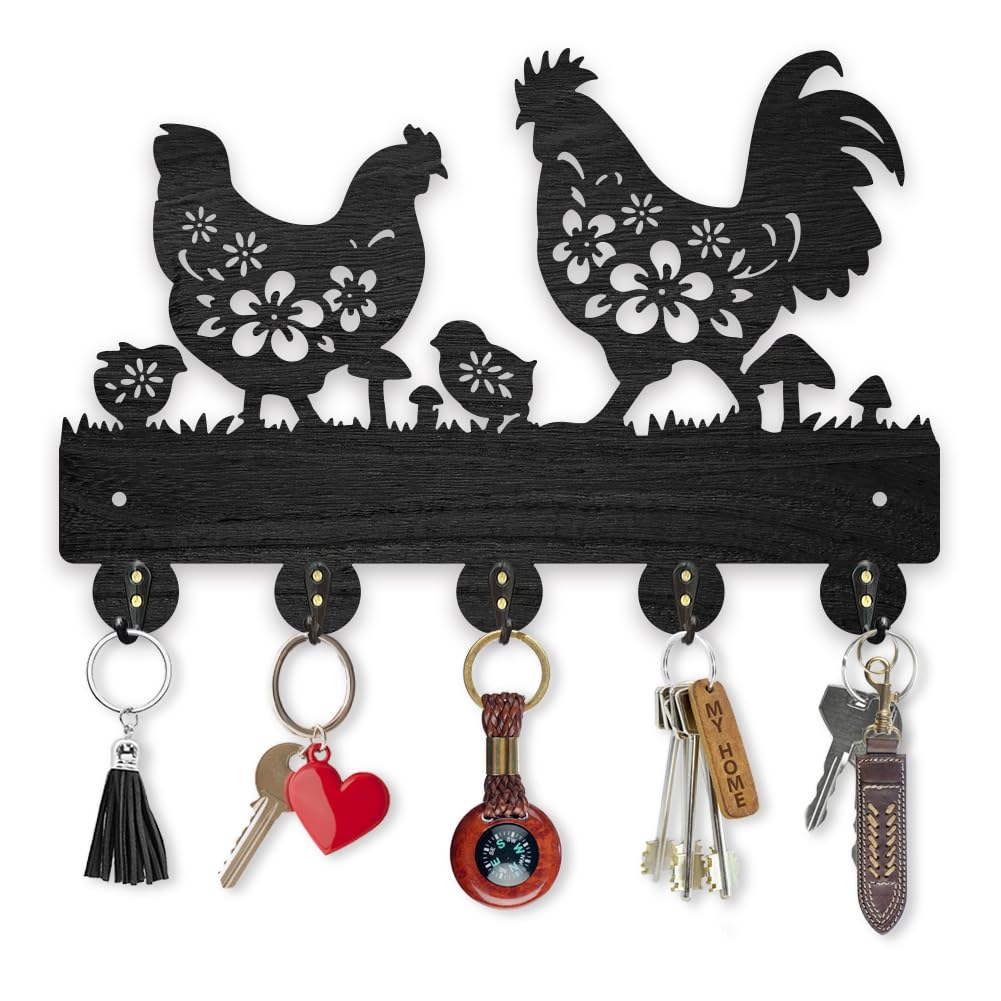 MAYJOYDIY Chicken Coat Hooks Wall Mount Floral Roosters Hens Chicks Wood Key Holder for Wall 11.8×7.9inch Black Animal Wall Art Decor Key Hooks 5