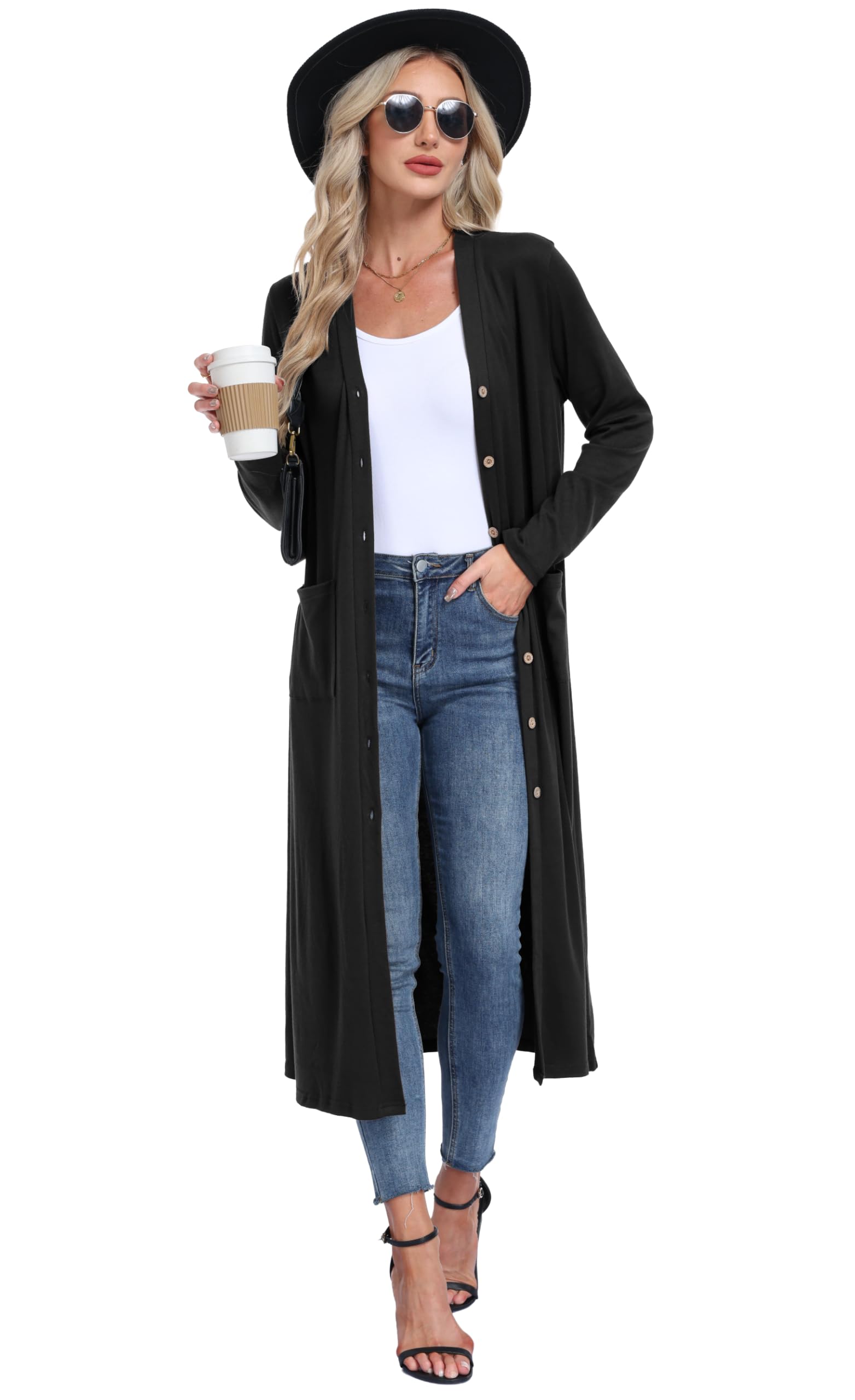 GRECERELLE Damen Sommer Lang Strickjacke Extra Langer Elegant Leichte Strickjacken Lässig Gestrickte Cardigan V-Ausschnitt Strickcardigan mit Retro Holzknöpfe, Taschen