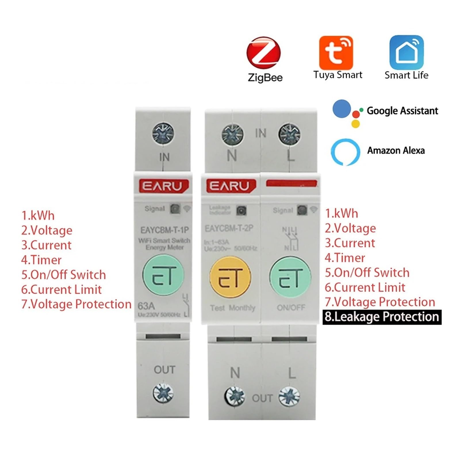 1P 2P zużycie energii wyłącznik czasowy wyłącznik czasowy Ochrona przed wyciekiem(50A, Zigbee 1P)