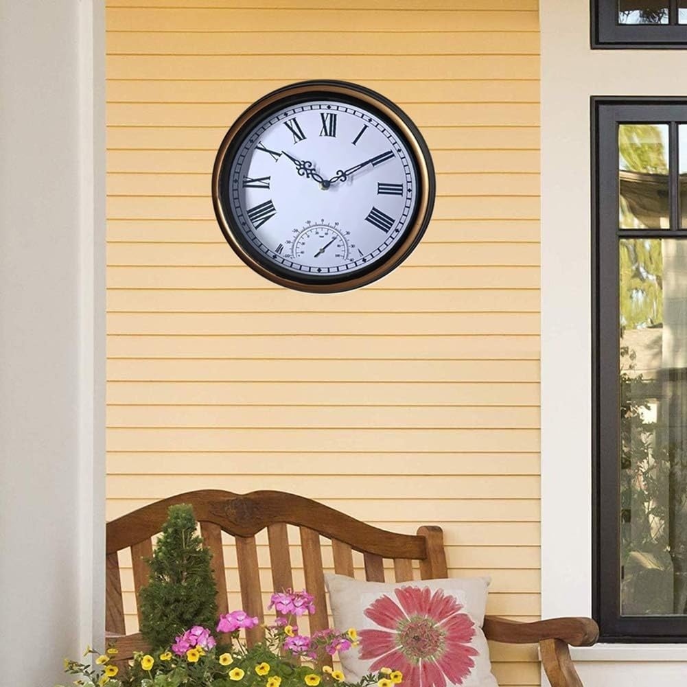 Grande orologio da esterno 30,5 cm impermeabile orologio da parete con termometro retrò giardino patio Decor silenzioso movimento al quarzo bronzo