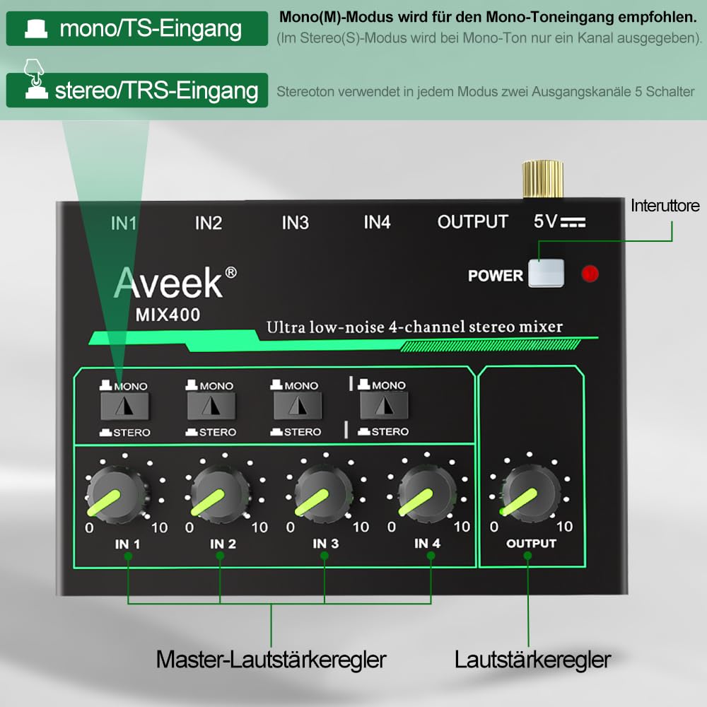 Aveek 4-Kanal Kleinmischpult, Mini 4 Stereo Audio Mixer, rauscharm für präzises Submixing, 1/4’’ TRS Ein-/Ausgang Ideal für Mikrofone/PC/Gitarren/Bass/Bühne